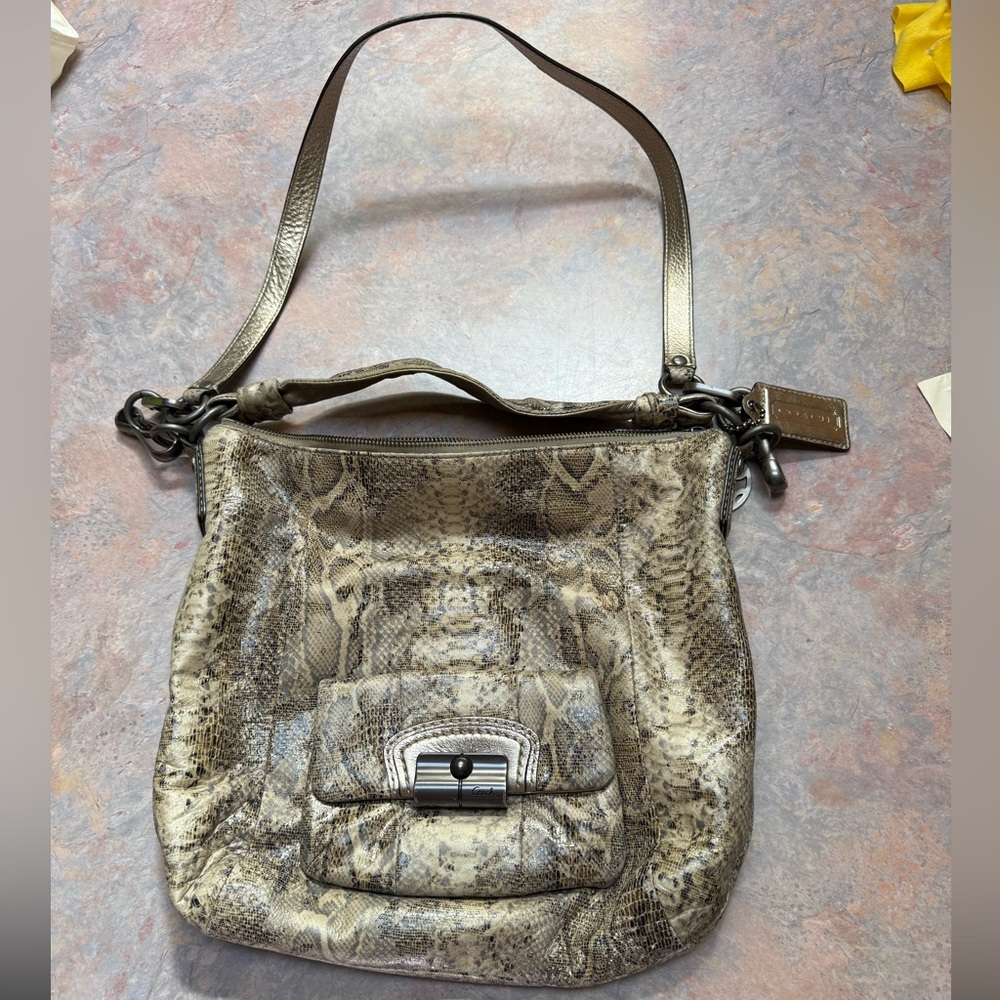 Snake-Print Leather Coach Crossbody Bag